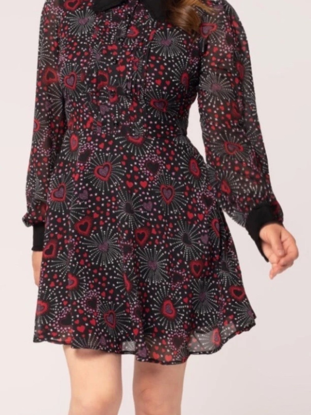 Hell Bunny Black Sheer Heart & Burst Print Long Sleeve Dress
